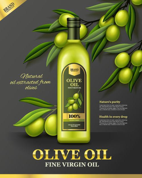 橄榄油广告模板三维矢量玻璃瓶橄榄果